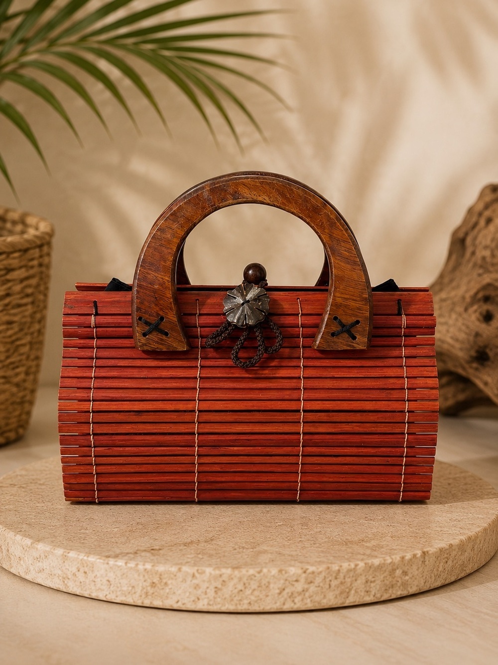 Vintage Handmade Bamboo Wood Handbag Wooden Handle Boho Clutch Purse Asian